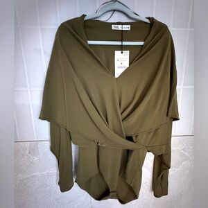 Zara Green Cowl Neck Draping Bodysuit NWT M Medium